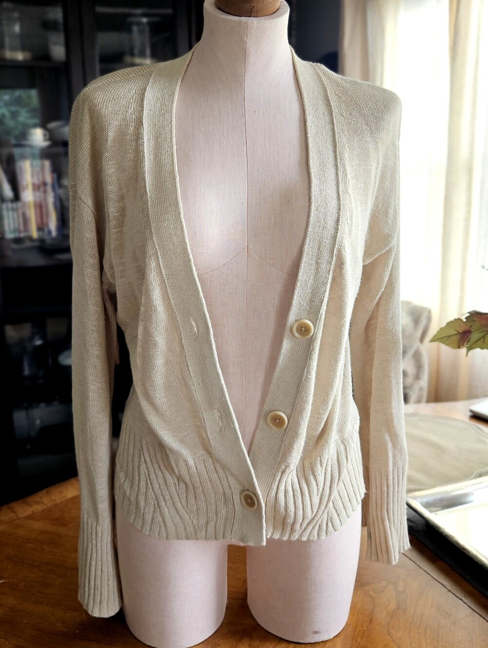 Biege Cable Knit Rammie Blend Flowy Lightweight Autumn Fall Cardigan Sweater